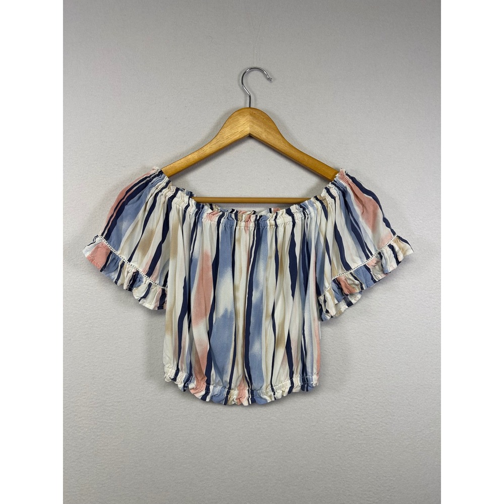 Boho Festival Ocean Drive Womens Small Blue Pink Striped Off Shoulder Crop Top